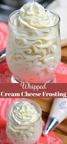 whipped cream cheese frosting in a small glass dish on top of a red place mat