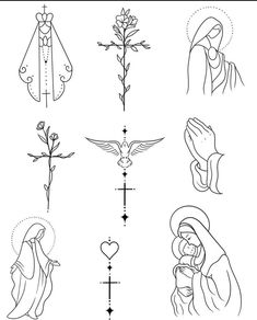 the symbols of jesus and mary in black and white, with an outline drawing on it