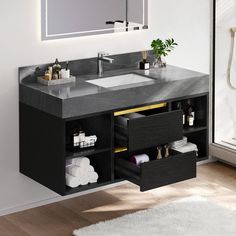 a bathroom vanity with two sinks and an open cabinet underneath the sink is shown in front of a mirror