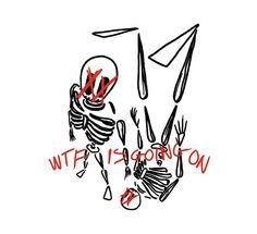 a drawing of a skeleton with knifes and forks