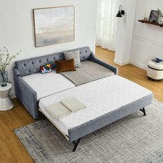 a couch bed sitting on top of a wooden floor next to a white rug in a living room