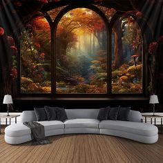 a living room with a large mural on the wall