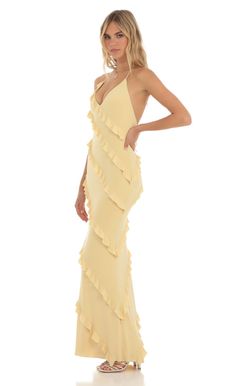 Ruffle Halter Maxi Dress in Yellow | LUCY IN THE SKY