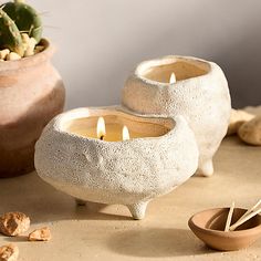 two white candles sitting on top of a table next to some rocks and a potted plant