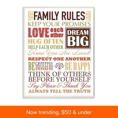 a poster with the words family rules in different colors and font, on a white background