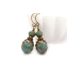 Periwinkle Blue Earrings - Picasso Czech Glass - Bronze Vintage Style Accents - Bohemian Earrings Blue Beaded Brass Earrings, Turquoise Teardrop Earrings With Faceted Beads, Bohemian Dangle Earrings With Faceted Details, Turquoise Czech Glass Earrings With Faceted Beads, Adjustable Turquoise Earrings With Faceted Beads, Vintage Turquoise Czech Glass Earrings, Turquoise Faceted Bead Earrings, Blue Bohemian Earrings With Faceted Beads, Turquoise Earrings With Faceted Beads