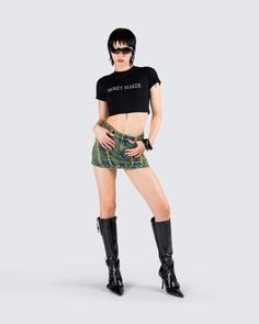 Money maker 🤑 This black jersey graphic top is made from stretch jersey fabric, and is complete with short sleeves, and a cropped fit. Make their pockets hurt, bby 🖤 Trendy Black Cropped T-shirt With Short Sleeves, Black Y2k Cropped T-shirt For Summer, Black Fitted Y2k Cropped T-shirt, Edgy Fitted Crop Top T-shirt, Edgy Short Sleeve Crop Top For Summer, Fitted Edgy Cropped T-shirt, Edgy Fitted Cropped T-shirt, Black Cotton Crop Top With Short Sleeves, Black Stretch Cropped T-shirt With Graphic Print