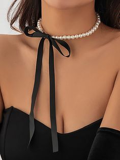 1 Pieza Elegante Gargantilla De Terciopelo Negro Con Cadena De Perlas Sintéticas, Estilo Y2k Accesorio De Mujer Blanco y Negro    plástico     Women Fashion Jewelry, size features are:Bust: ,Length: ,Sleeve Length: Black Ribbon Choker Necklace, Black Ribbon Choker, Ribbon Choker Necklace, Vacation Jewelry, Black Velvet Bow, Ribbon Choker, Pearl Beach, Trending Necklaces