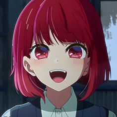 an anime character with red hair and pink eyes