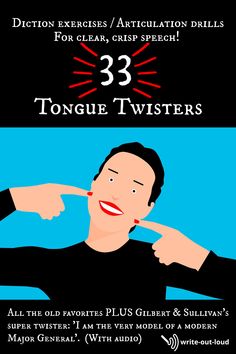 an advertisement for tongue twisters with a man pointing to his mouth and the caption reads 33 tongue twisters