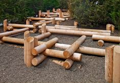 a bunch of logs that are laying on the ground in front of some bushes and trees