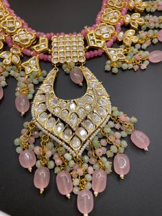 This adjustable long necklace is a very unique and fun piece for any event. The neutral gold and pastel pinks with polki work makes this the perfect statement set to wear! Comes with a matching pair of earrings Indian Necklace, Bollywood Jewelry, Authentic Indian, Indian Bollywood, Bridal Necklace, Indian Bridal, Indian Jewelry, Jaipur, Pastel Pink