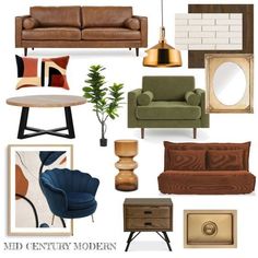 a collage of furniture and decor items including a couch, chair, table, mirror, lamp, coffee table