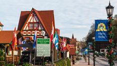 a row of buildings with flags on the street