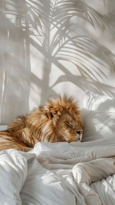 a lion laying on top of a bed covered in white sheets