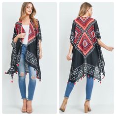 Get That Instant Southwestern Look! Pair With Jeans And Top Off With A Flat Brim Hat To Get An Effortless Stylish Look You Will Love! Machine Wash Cold. Poly Blend. One Size. Bohemian Summer Outerwear With Tassels, Spring Black Tasseled Outerwear, Bohemian Black Outerwear For Vacation, Black Bohemian Outerwear For Vacation, Red Bohemian Outerwear For Vacation, Bohemian Red Outerwear For Vacation, Casual Black Beach Outerwear, Red Summer Beach Outerwear, Casual Summer Patterned Outerwear