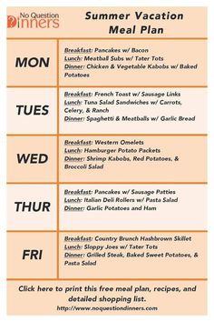 the menu for summer vacation meal plan is shown in orange and black, with text that reads