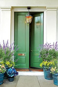 a green door and some blue buckets with flowers