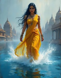 a painting of a woman in a yellow sari walking through water with buildings behind her