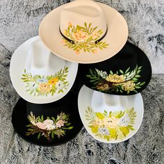 Wide Brim Floral Hat, hand painted with premium paints These one of a kind hand painted hats would make a perfect addition to your outfit for summer, fall, spring, baby shower, photoshoots,  etc. They will also make a great homestead gift. HAT SIZING: One size Circumference is 19 to 22 inches  Brim is 3.5 inches wide  HAT CARE INSTRUCTIONS: The hats are hand painted by me  Gently spot clean your hat with a damp cloth, and let it air dry. Spring Sun Hat With Curved Brim As Gift, Spring Sun Hat With Curved Brim, Spring Gift Sun Hat With Curved Brim, Handmade White Hat Band For Spring, Handmade White Hat Bands For Spring, Handmade Hats As Spring Gifts, Wide Brim Hats As Spring Gifts, Handmade Spring Hat Bands, Spring Gift Wide Brim Hats