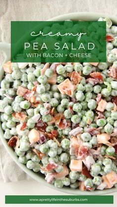 pea salad with bacon and cheese in a bowl