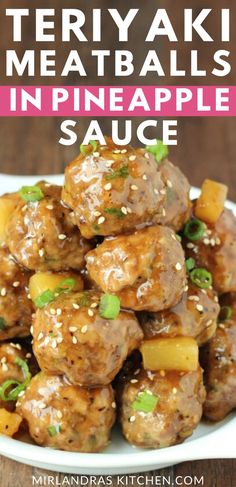 teriyaki meatballs in pineapple sauce on a white plate with text overlay