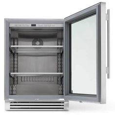 an empty refrigerator with its door open on a white background, showing the interior space