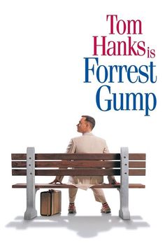 a man sitting on top of a wooden bench in front of a white background with the words forrest gump