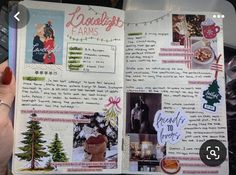 an open page in a scrapbook with pictures and words on it, including christmas trees