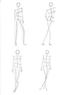 four different views of the same person's body and head, with lines drawn on them