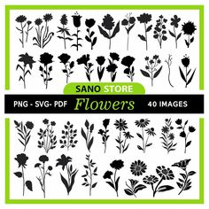 the silhouettes of flowers are shown in black and white, with green trimming