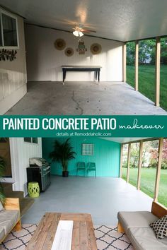 before and after photos of a covered patio in the back yard, with wood tables on either side