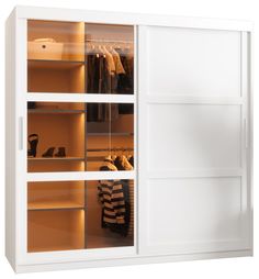 an open closet with clothes and shoes on it's shelves in front of a white wall