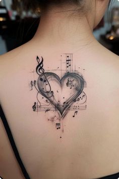 a woman's back with musical notes and a heart tattoo on her upper shoulder