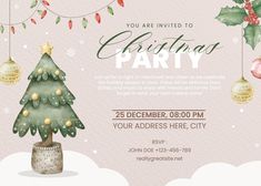 a christmas party flyer with a tree and ornaments on the front, in watercolor