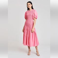 The Amaya Smocked Dress In Peony Pink Is Made From Crisp Cotton Poplin. It Features An Elastic Drop Waist With Fitted Smocking Through The Bodice And Feminine Puff Sleeves. It Is Finished With A Keyhole Opening At The Back With A Button Closure. The A-Line Silhouette Falls To A Full Skirt Gathered Into The Hip Seam. Barb Still Attached But Price Tag Missing 20 Drop Waist Skirt, Peony Pink, Bright Fashion, Derek Lam 10 Crosby, Smocked Dress, Derek Lam, Size 8 Dress, Drop Waist, Full Skirt