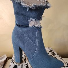 Super Cute "Ripped Jean" Denim Heeled Ankle Boots Denim Blue Pointed Toe Denim Boots, Trendy Denim Blue Round Toe Boots, Dark Wash Denim Boots With Round Toe, Casual High Ankle Blue Boots, Casual Blue High Ankle Boots, Trendy High Ankle Denim Boots, Spring Denim Blue Denim Boots, Medium Wash Denim Boots For Spring, Spring Medium Wash Denim Boots