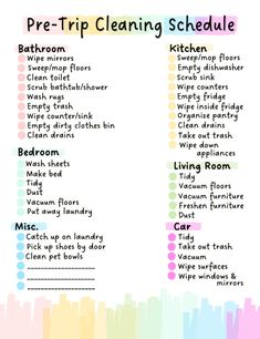 a printable cleaning checklist with the words'pre - trip cleaning schedule '