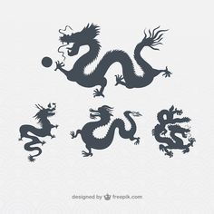 three black dragon silhouettes on a white background