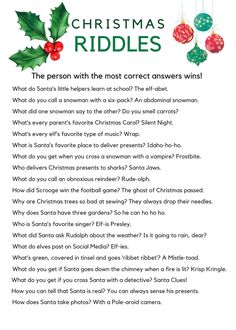 Christmas Game For Kids, Christmas Riddles, Fun Family Christmas Games, Fun Holiday Games, Fun Christmas Party Games, Printable Christmas Games, Christmas Games For Kids, Christmas Bookmarks, Holiday Party Games