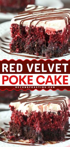 Want more yummy cake recipes? Here's the BEST Red Velvet Poke Cake! Combined with the goodness of a fudgy brownie plus a cream cheese frosting and hot fudge, this red velvet cake is a simple dessert you'll crave again and again! Cream Cheese Syrup, Red Velvet Poke Cake, Easy Red Velvet, Red Velvet Desserts, Red Velvet Brownies, Red Velvet Cake Recipe, Velvet Cake Recipes, Cream Cheese Buttercream, Slow Cooker Desserts