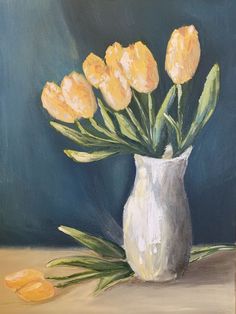 a painting of yellow tulips in a white vase