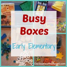 the words busy boxes are surrounded by various toys and games for children to play with