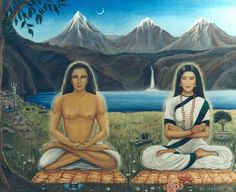 two women are sitting in the middle of a field with mountains and water behind them