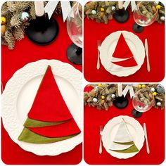 the table is set for christmas with red and white plates, silverware, and green napkins