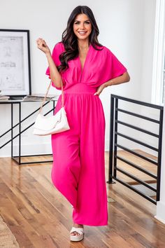 So Over Love Songs V-Neck Fuchsia Jumpsuit – Pink Lily Jumpsuit With Heels, Pink Jumpsuits Outfit, Wedding Swimwear, Jumpsuit Pink, Over Love, Pink Jumpsuit, Jumpsuit Outfit, Jumpsuit Summer, Linen Jumpsuit