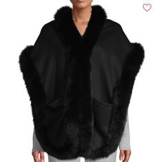 Only One! Like This Listing For Updates! I List On 3 Platforms This Won’t Last Long! La Fiorentina | Fox Fur-Trim Wool Cashmere Blend Wrap Color: Black Outlined With Tone On Tone Fox Fur For A Luxurious Flair, This Wrap Is Designed With Handful Pockets Size: 12”W X 70”L Eye Hook Closure Retails $899 Nwt Like This Listing To Get Updates - Negotiable When Bundled. Black Poncho, Eye Hook, Wool Wrap, Huge Sale, Tone On Tone, Knitted Poncho, Poncho Sweater, Shrug Sweater, Softest Sweater