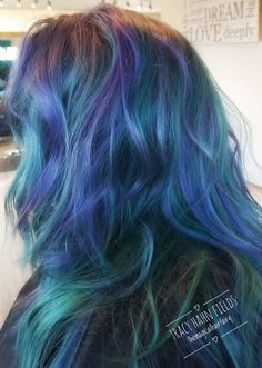 Mermaid hair Blue Hair With Purple Highlights, Blue And Purple Hair Highlights, Blue Green Hair Color, Teal And Purple Hair, Blue And Green Hair, Purple Blue Hair, Purple And Blue Hair, Purple And Green Hair, Blue And Purple Hair