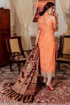 Embellished party outfit is added with embroidered work for party wear. We are providing door step delivery service for embellished party outfit in USA Pakistani Design, Designer Salwar Kameez, Saree Designer, Pakistani Salwar Kameez, Designer Salwar, Silk Trousers, Punjabi Suit, Chiffon Shirt, Peach Color