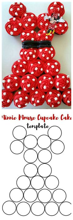 the mickey mouse cupcake cake is made out of red and white polka dot paper